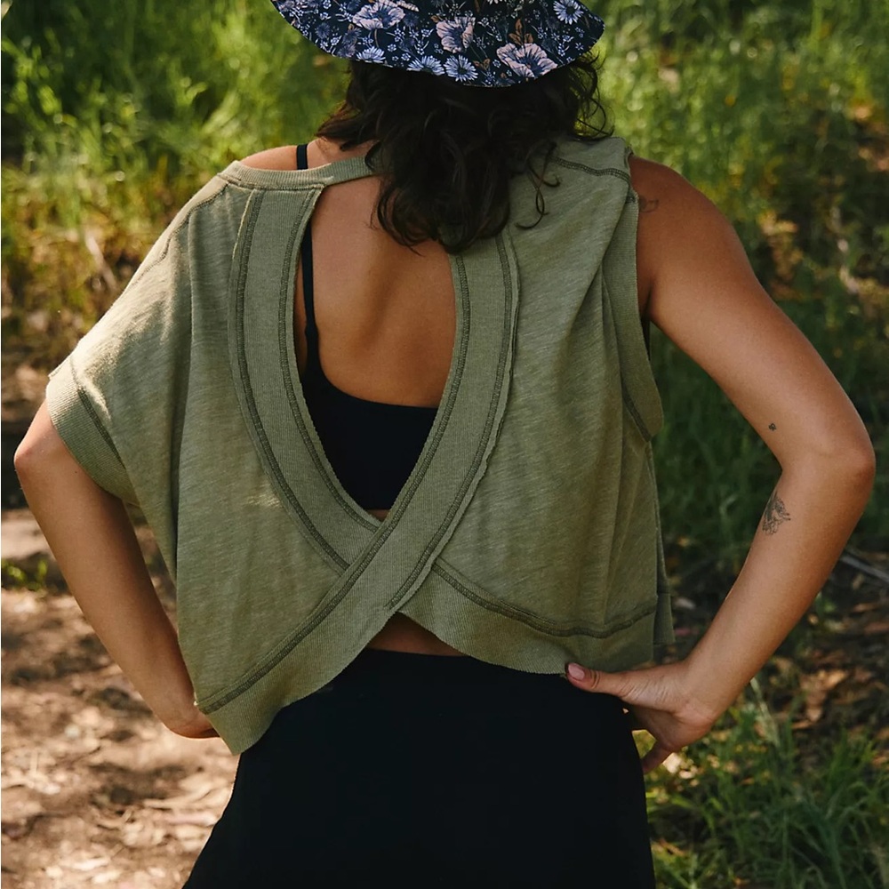Free People My Time Short Sleeve Tee with Open Back in Olive Green - Picture 2 of 9